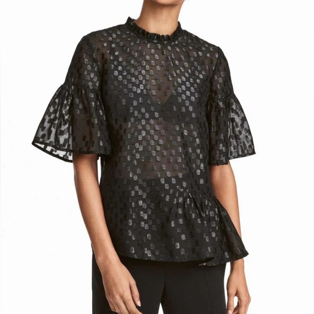 H&M | Black Shimmer Dot Sheer Ruffle Mock Neck Short Sleeve Blouse Size 14